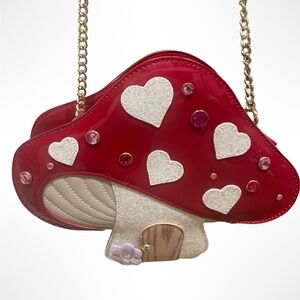 Betsey Johnson Red Mushroom Crossbody Bag with White Hearts & Gold Chain